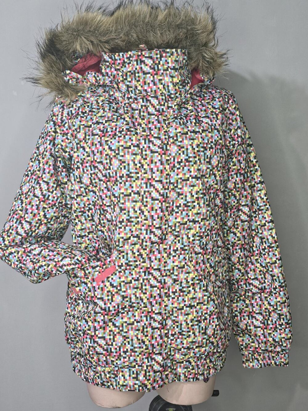 BURTON SKI SNOW JACKET GIRLS XL 18 MULTI-COLOR PIXELS FAUX FUR HOOD